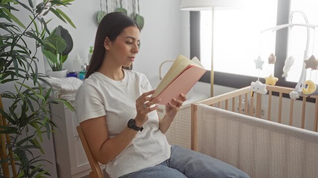 Woman reading a pink notebook while seated beside a wooden crib in a bright bedroom with mobile hanging nearby; calm reflection.