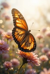 Obraz premium Majestic Monarch Butterfly Bathed in Warm Sunlight, Delicately Perched on Vibrant Pink Flowers