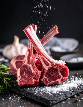 Three raw lamb chops seasoned with salt, displayed on a dark stone slab
