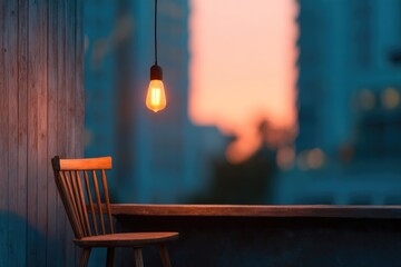 Obraz premium Warm light illuminates rustic chair against vibrant sunset backd