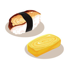 A set of Japanese food vector illustration. Includes grilled eel sushi (unagi) and a sweet omelette roll (tamago).
