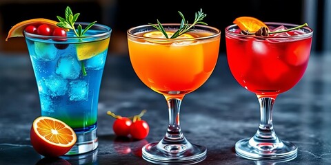 Three vibrant cocktails garnished with fruit & herbs in elegant glasses,  sophisticated,  autumn