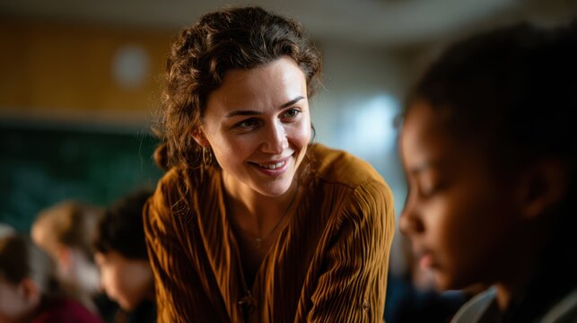 Female teacher smiling while helping a student in classroom, representing mentorship, guidance, and encouragement in an educational and supportive environment