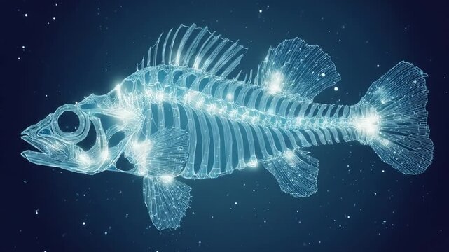 Illuminated x ray of a fish anatomy displayed against a dark background