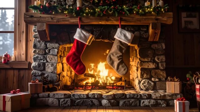 Cozy christmas fireplace stockings