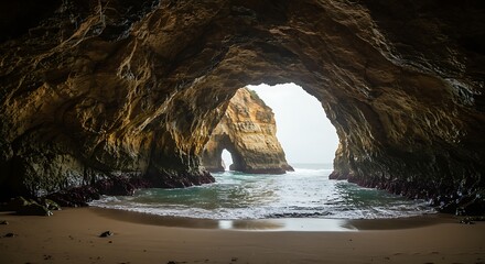 Coastal cave entrance with ocean view and sunlight streaming through
