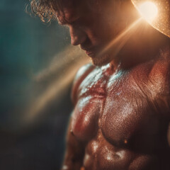 A muscular athlete is seen covered in sweat during workout with a focused expression