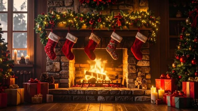 Christmas fireplace stockings festive decor