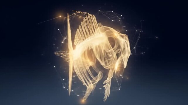 Digital illustration of a glowing fish skeleton on dark background