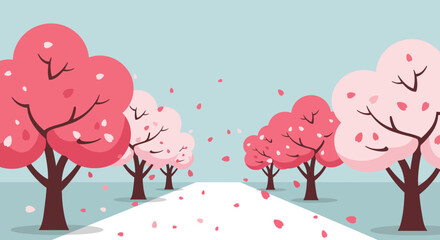 road with tree in winter season, pink sakura illustration