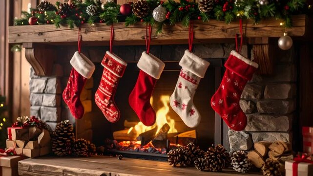 Christmas stocking fireplace cozy scene