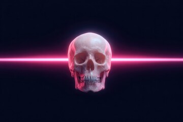 Glowing skull illuminated by vibrant pink laser beam against dar