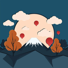 Autumn Landscape with Mountain and Hot Air Balloons Illustration