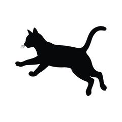 A black silhouette of a cat leaps forward gracefully on a white background, cat jumping silhouette vector illustration