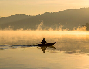 Dramatic Morning Scenery: Men in a Traditional Canoe Against Fog and Sun