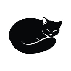 Stylized black silhouette of a sleeping cat curled up on white, cat sleeping curled up silhouette vector illustration