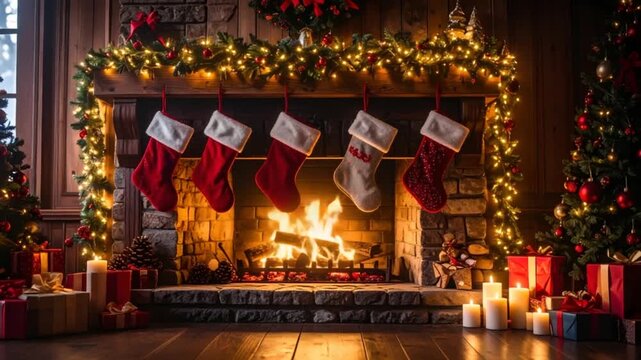 Christmas stockings by fireplace