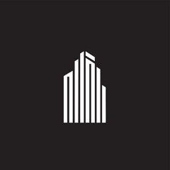 Obraz premium A minimalist vector icon of a skyscraper, defined by clean white vertical lines on a black background, great for corporate branding and real estate.