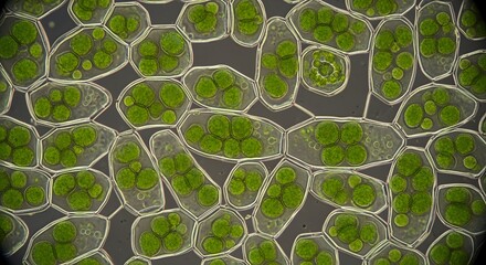 A detailed microscopic view of plant cells showing vibrant green chloroplasts, illustrating the fundamental structure of life and photosynthesis