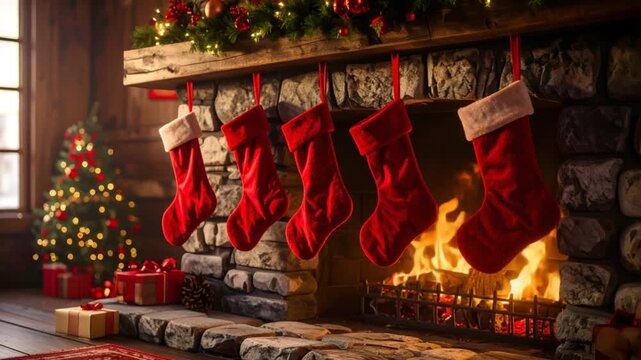 Christmas stockings by fireplace