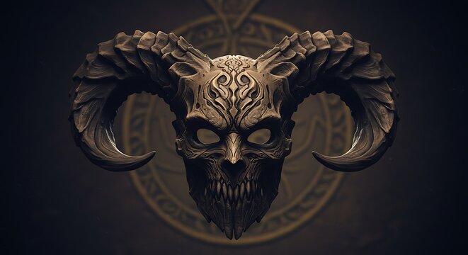 Detailed demon skull mask with large horns and intricate patterns isolated