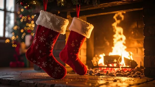Christmas stockings by fireplace