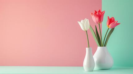 Obraz premium Tulips in vase which are colors pink, white and red. Beauty shines from inside the flowers, there is space for editing text fitting for design. the tulips with combination colors pink and turquoise.