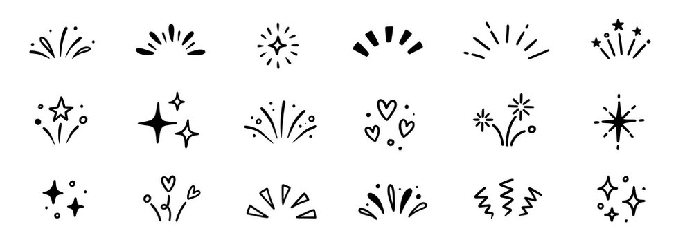 Line icon ray, confetti element set. Starburst line art with hand drawn glitter spark, pop icon shapes and surprise emphasis elements. Decorative sketch style for a sunshine ray vector illustration