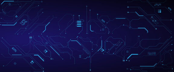 Obraz premium Glowing light blue neon AI chip with thin circuit contact lines. Technology lines circuit and dots on blue background, circuit board network connection