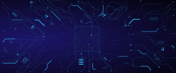 Empty semiconductor on circuit board blue background. Technology Semiconductor on Blue Background.