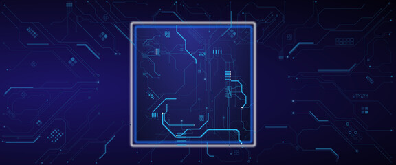 Empty semiconductor on circuit board blue background. Technology Semiconductor on Blue Background.