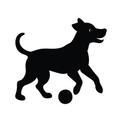 Silhouette of a playful dog dribbling a ball on white background, dog playing with ball silhouette vector illustration