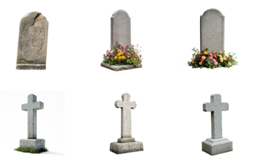 Six gravestones with flowers on top, one with a cross, against a transparent background