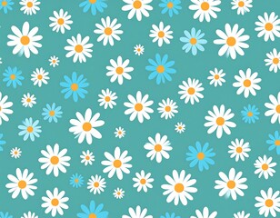 Teal background with scattered white and light blue daisies of varying sizes