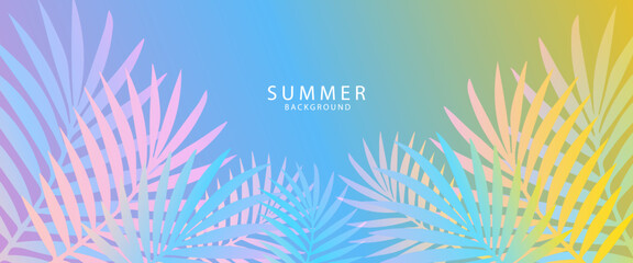 Tropical leaves background. Summer greeting clipart poster set with tropical palm leaves clip art in colorful abstract background collection. exotic Tropical foliage. Design for card, cover, banner,