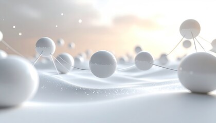 Spheres connect on white waves; light, dreamy, abstract