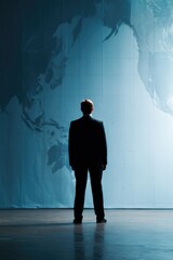 Obraz premium Silhouette of figure in suit against digital world map backdrop,