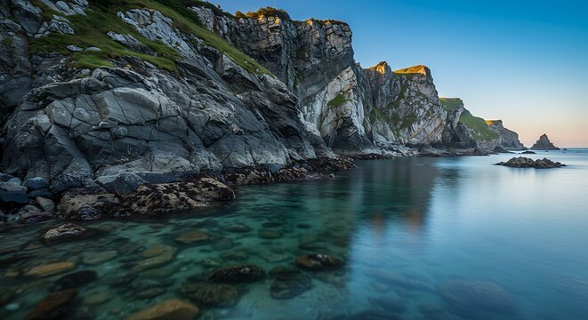 Coastal cliffs meeting calm water under clear skies with sunlight