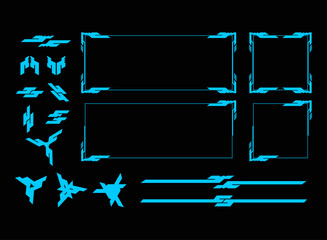 Futuristic UI HUD Elements Pack with Neon Blue Frames Borders and Icons for Sci Fi Game Interface Streaming Overlay Cyberpunk Panels and Digital Tech Screen Design