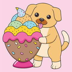 Cute Cartoon Dog Holding Colorful Ice Cream Sundae