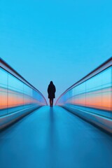 Lonely figure walks along illuminated pathway, vibrant colors cr