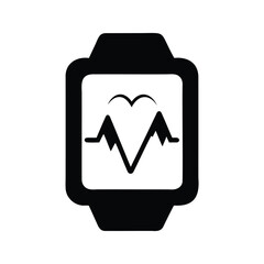 Smart watch with heart rate monitoring and mountain activity tracking display, heart rate monitor silhouette vector illustration