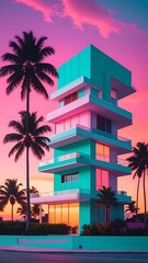 Obraz premium Teal building at sunset, palm trees flank, vibrant colors