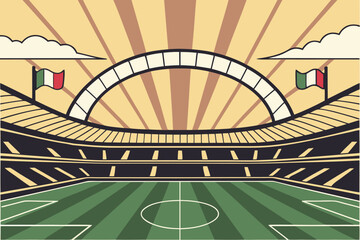 Italian flag waving over green soccer stadium with arched roof and sunburst background football stadium