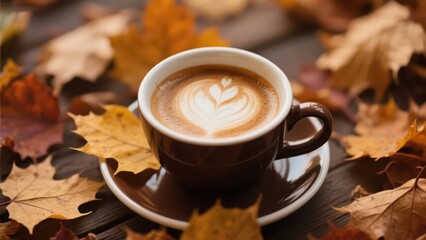 In autumn, a cup of steaming coffee is placed on a table covered with fallen leaves, fully showing leisure and warmth.