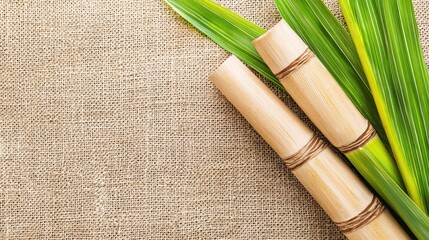 Freshly harvested sugarcane stalks with vibrant green leaves on a rustic burlap background, showcasing nature's bounty and the essence of tropical agriculture.