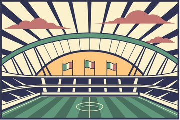 Italian flags fly over a stylized soccer stadium with sunburst background football stadium Italy