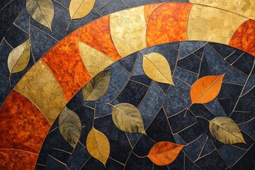 A vibrant mosaic design featuring autumn leaves in warm gold, orange, and dark tones, arranged in a circular pattern on a dark backdrop.