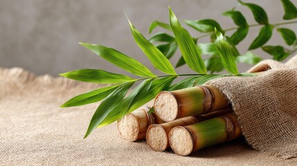 Fresh sugarcane stalks adorned with vibrant green leaves resting on a rustic surface, showcasing its natural beauty and agricultural significance in various culinary and industrial applications.
