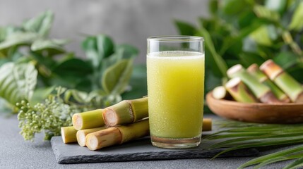 Freshly squeezed sugarcane juice served in a glass, surrounded by sugarcane stalks and lush green leaves, showcasing the natural essence and health benefits of this refreshing beverage.